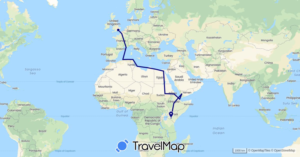 TravelMap itinerary: driving in Djibouti, Algeria, Egypt, Eritrea, Ethiopia, France, United Kingdom, Kenya, Libya, Sudan, Tunisia, Yemen (Africa, Asia, Europe)