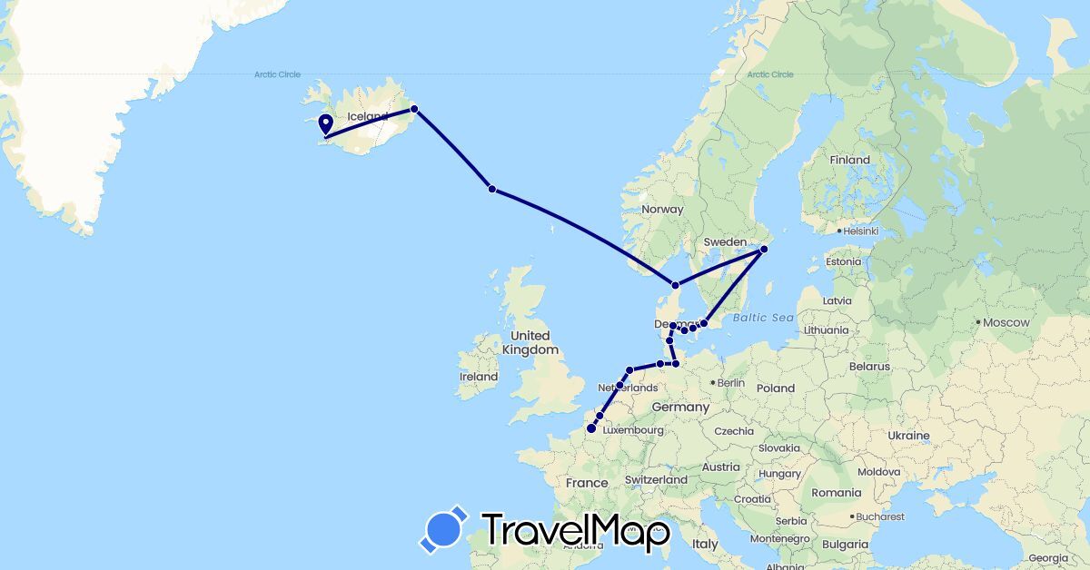 TravelMap itinerary: driving in Germany, Denmark, Faroe Islands, France, Iceland, Netherlands, Sweden (Europe)